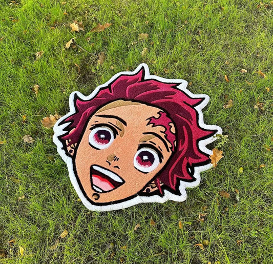 Tanjiro tufted rug styled in an anime-themed bedroom or creative space — tapis tufting Tanjiro intégré dans une chambre à thème manga ou un espace créatif