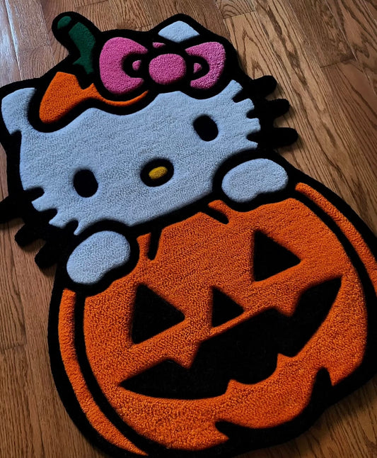 Close-up of tufted wool details and spooky elements on the Hello Kitty rug — détail de la texture tufting en laine et des éléments Halloween du tapis Hello Kitty