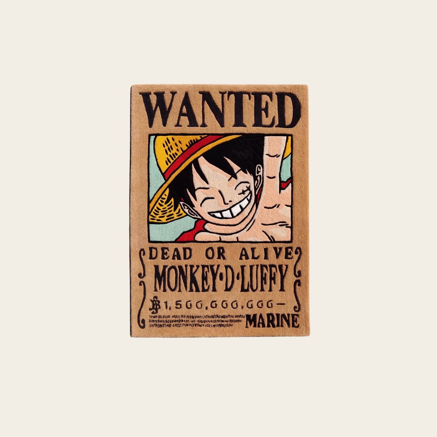 Tufted rug featuring Monkey D. Luffy Wanted poster design tapis tufting représentant l’avis de recherche de Monkey D. Luffy