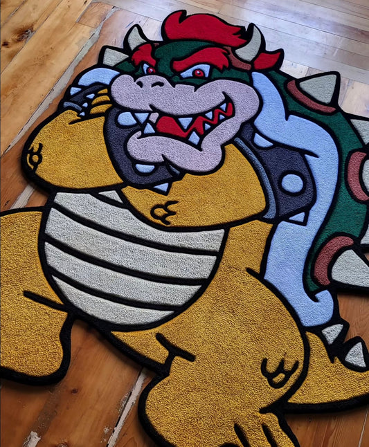 Close-up of wool tufting on the Bowser rug with sharp color contrast détail de la texture tufting en laine du tapis Bowser avec contraste de couleurs marqué