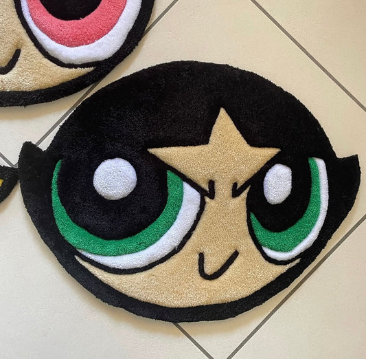 Close-up of tufted wool texture and cartoon details on the rug — zoom sur la texture tufting en laine et les détails cartoon du tapis Powerpuff Girls