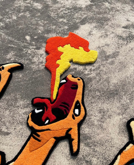 Close-up of tufted wool texture on Charizard rug — détail de la texture en laine du tapis Dracaufeu