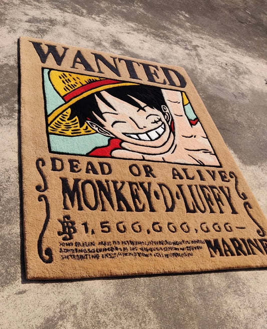 Luffy Wanted tufted rug styled in a modern anime-themed room tapis tufting Monkey D. Luffy intégré dans une pièce à thème manga