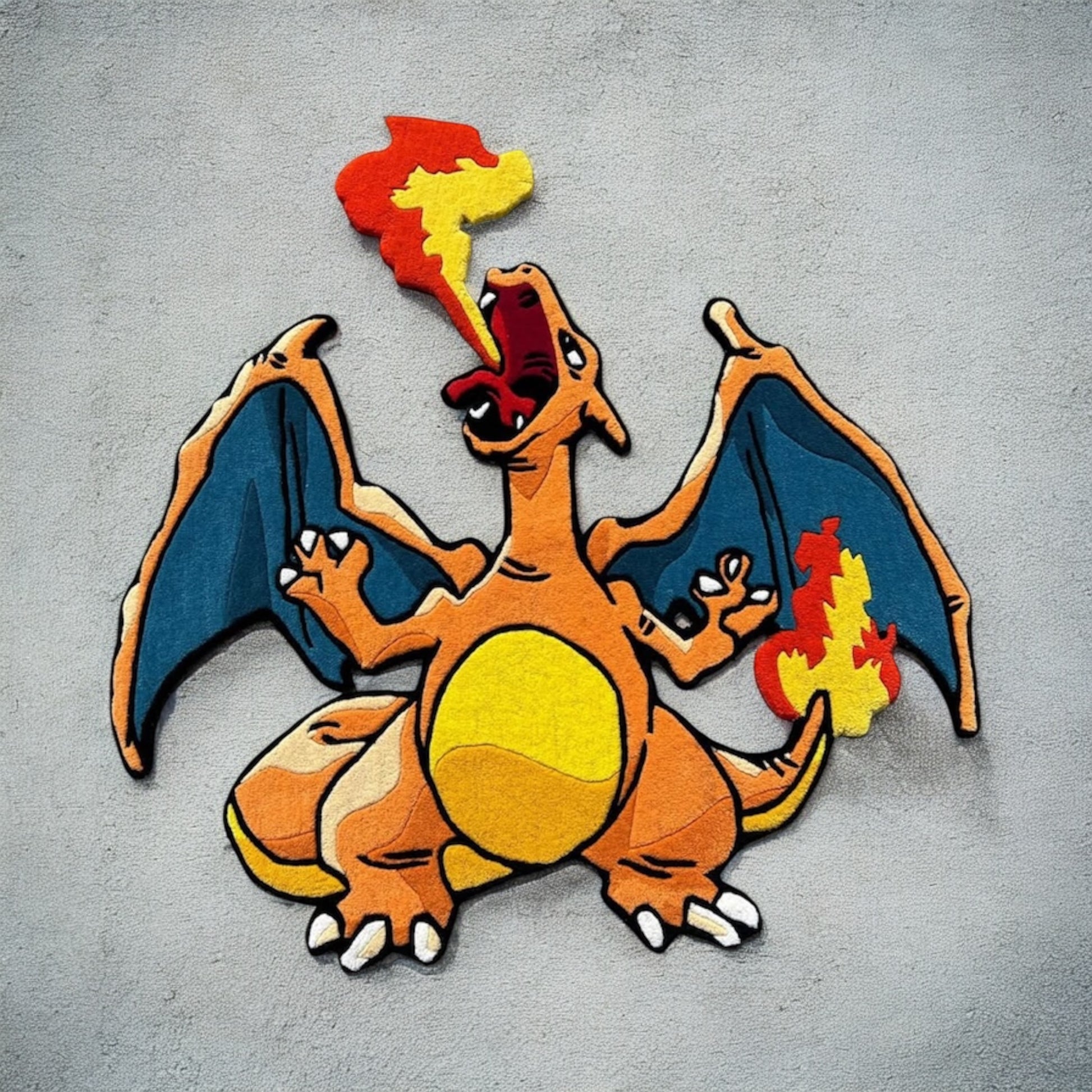 Charizard rug displayed in a modern room setting — tapis Dracaufeu mis en situation dans une pièce contemporaine