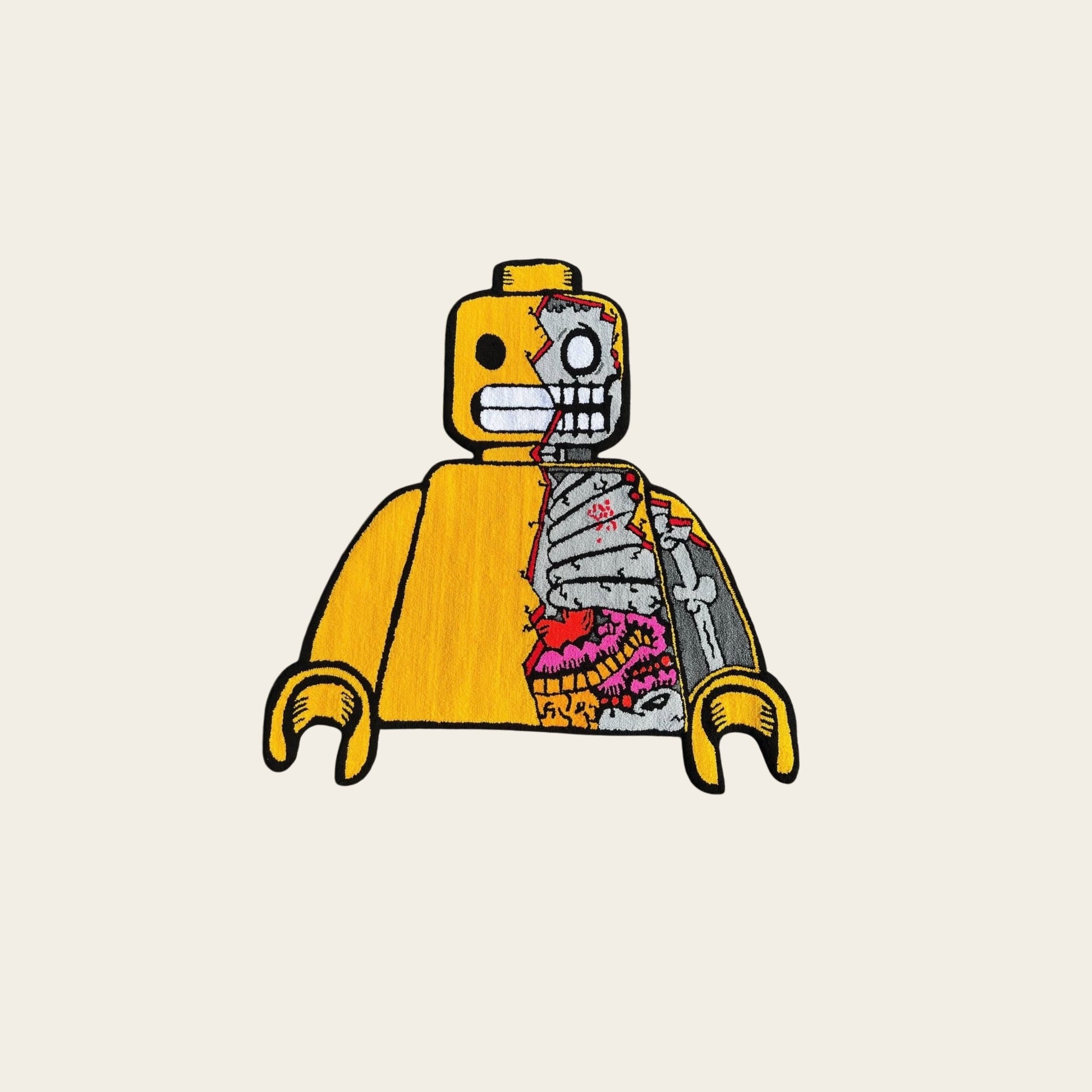 Tufted rug showing a split LEGO figure with anatomical interior  tapis tufting représentant une figurine LEGO coupée avec intérieur anatomique


