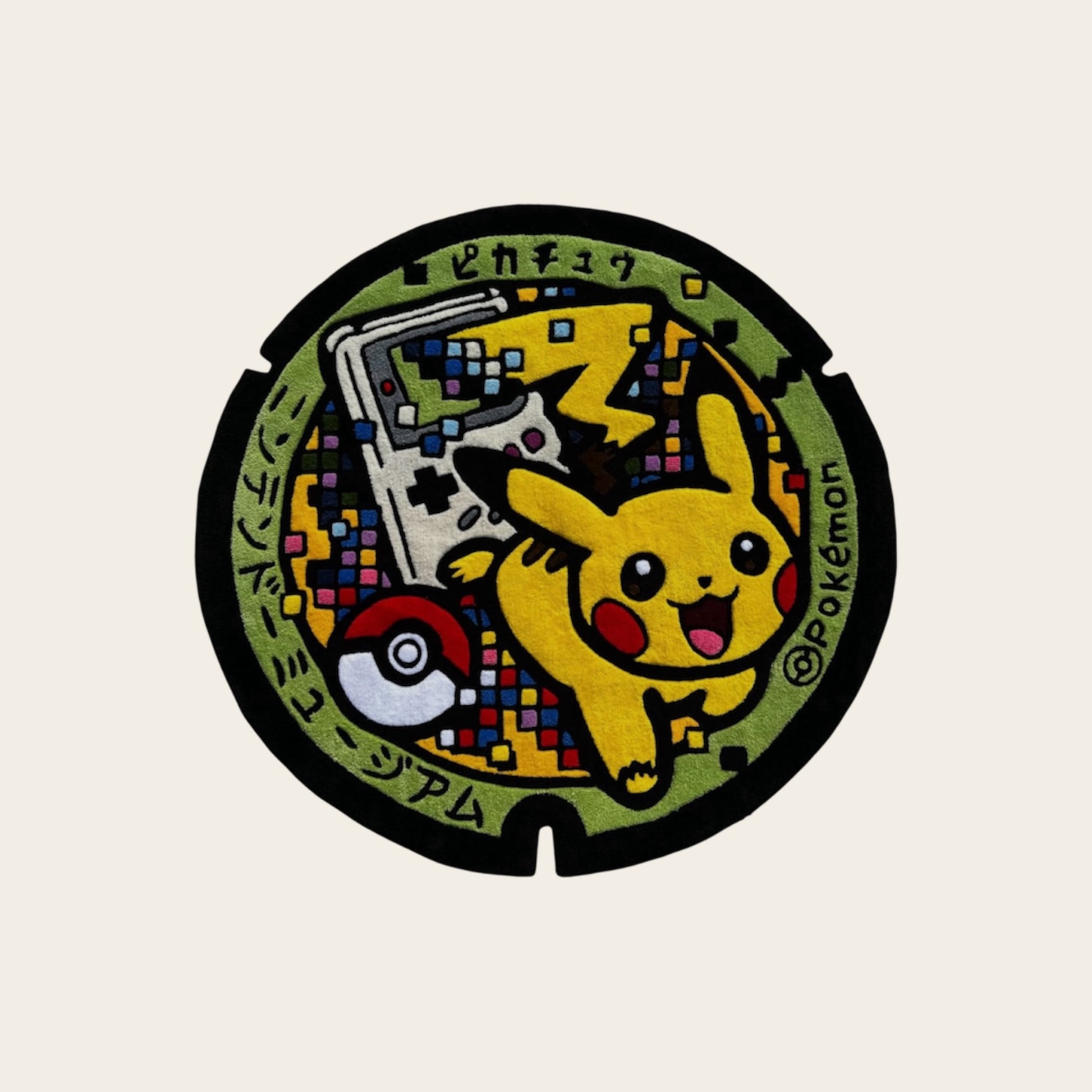 Tufted round rug featuring pixelated Pokémon characters  tapis tufting rond représentant des Pokémon en version pixelisée